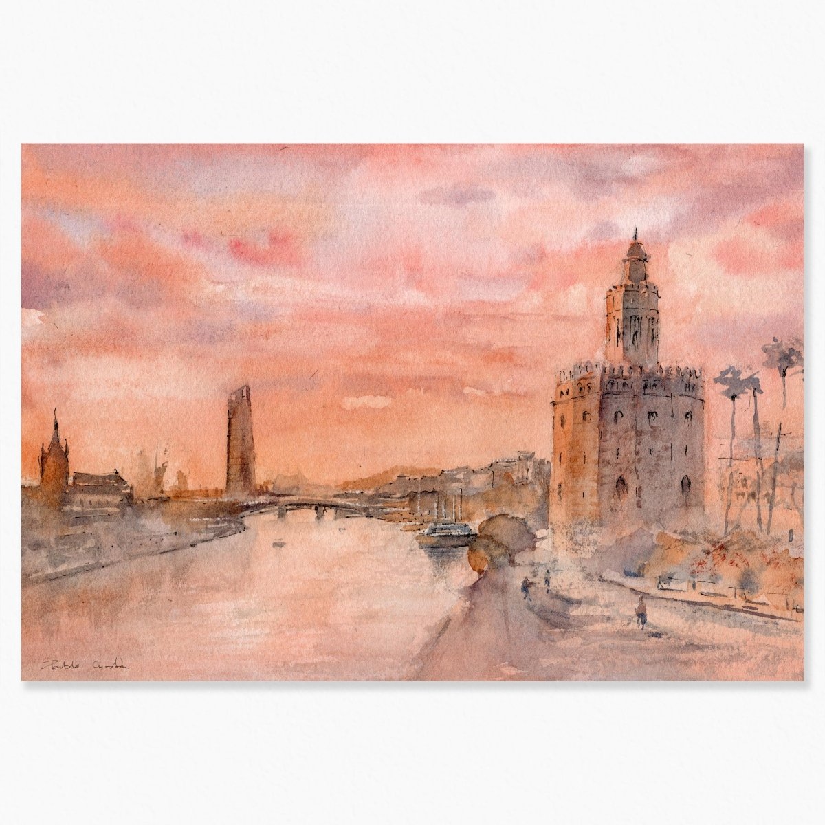 Sevilla en acuarela: Atardecer en Torre del Oro - Pablocuestawatercolor