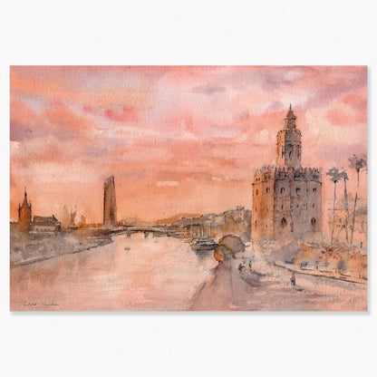 Sevilla en acuarela: Atardecer en Torre del Oro - Pablocuestawatercolor