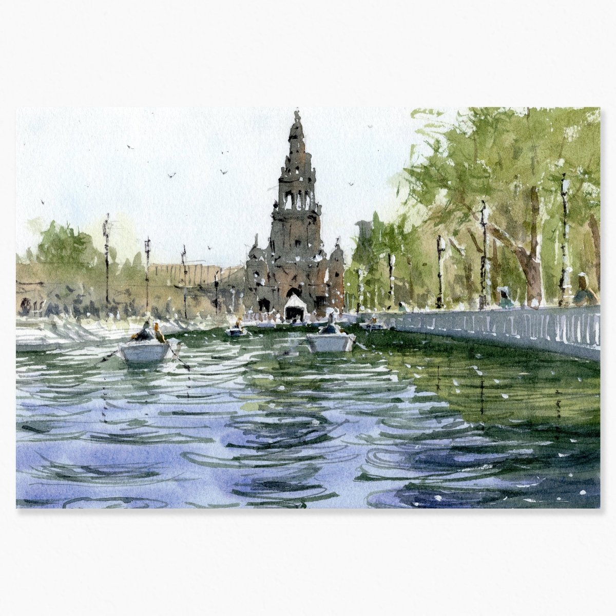 Sevilla en acuarela: Remando en Plaza de España - Pablocuestawatercolor