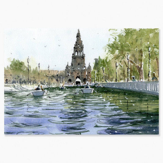 Sevilla en acuarela: Remando en Plaza de España - Pablocuestawatercolor